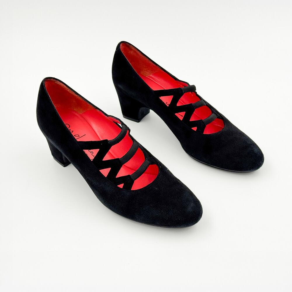 Pas de Rouge Black Suede Red Leather Strappy Pumps Made in Italy EU 37.5/US 7.5